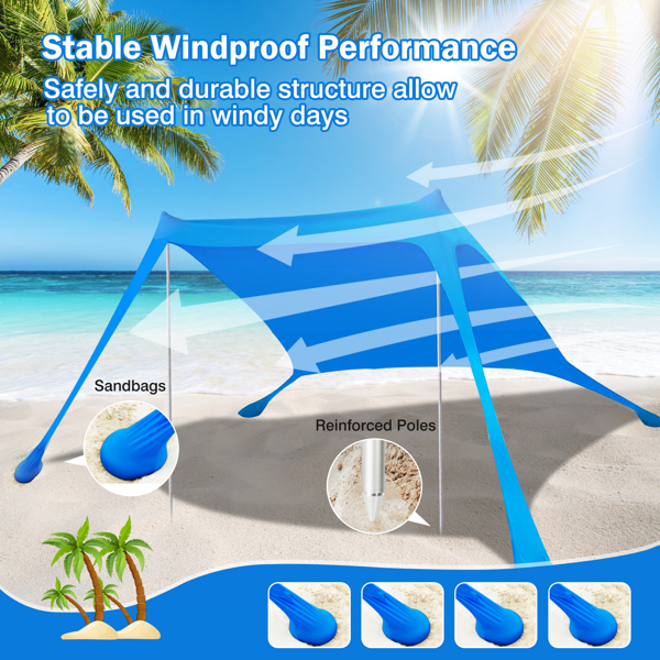 6.5x6.5FT Foldable Beach Canopy Tent Collapsible Shade Sail Sun Protection Windproof Shelter 4 Sandbag 2 Pole Portable Storage Bag Rectangle Blue（No shipments on weekends）