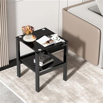 Black Tempered Glass End Table with 2 layer, Small Side Table for Living Room