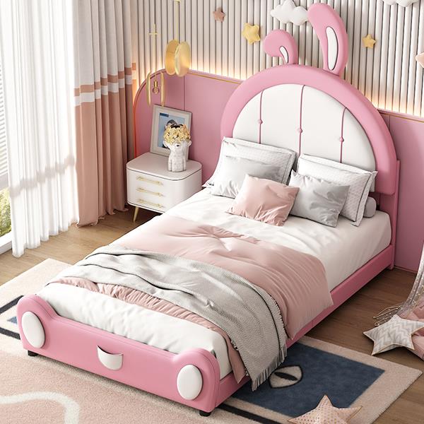 Twin Size Upholstered Platform Bed with Rabbit Shaped Headboard, Pink