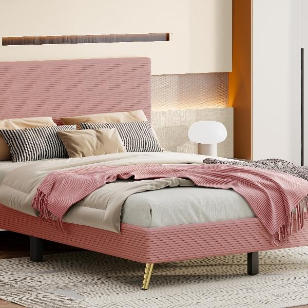 Queen Size Corduroy Upholstered Bed Frame, Platform Bed with Horizontal Stripe Headboard, No Box Spring Needed, Pink