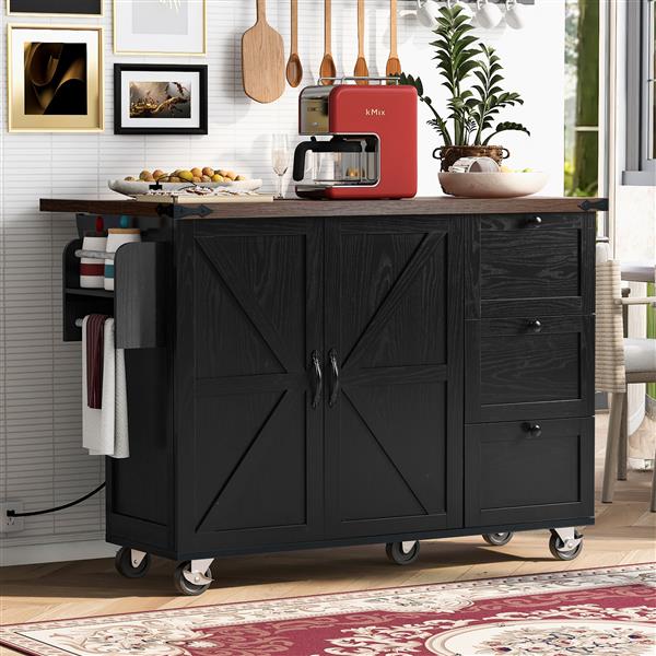 54.5" Farmhouse Kitchen Island with Power Outlet, Kitchen Storage Island  with Internal Storage Rack, Drop Leaf, Spice Rack, Rolling Kitchen Cart on Wheels, for Home, Kitchen and Dining Room,Black