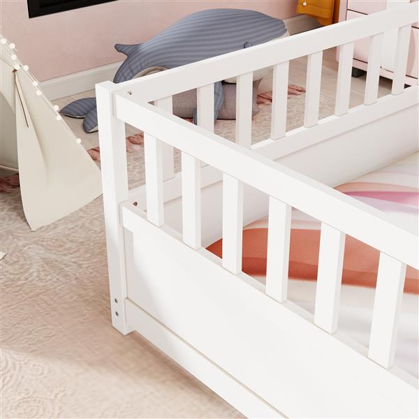 Full size  Floor bed, integral construction with super high security barrier, door, children's floor bed frame, Montessori wooden children's floor bed, white