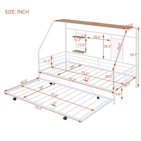 Twin Size Metal House Bed with Trundle, White