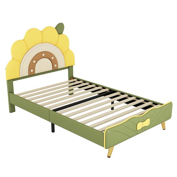 Twin Size Upholstered Platform Bed with Sunflower Shaped Headboard, Green