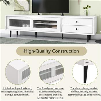 Chic Elegant Design TV Stand with Sliding Fluted Glass Doors, Slanted Drawers Media Console for TVs Up to 75\\", Modern TV Cabinet with Ample Storage Space, White