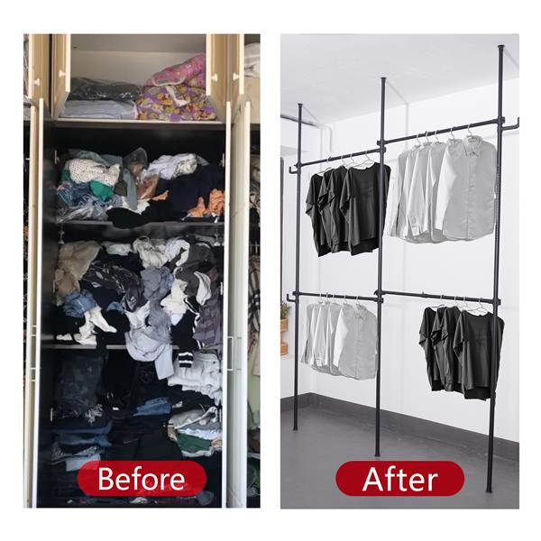 Double Clothing Rack, Adjustable Racks for Hanging Clothes, 2 Tier Clothes Heavy Duty Garment White Closet Freestanding System-Black