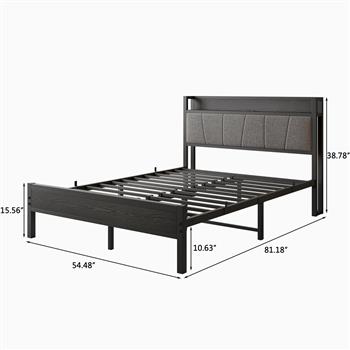 Full Size Bed Frame, Storage Headboard with Charging Station, Solid and Stable, Noise Free, No Box Spring Needed, Easy Assembly