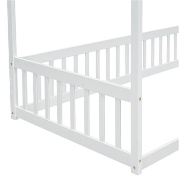 Twin Size Canopy Frame Floor Bed with Fence, Guardrails,White