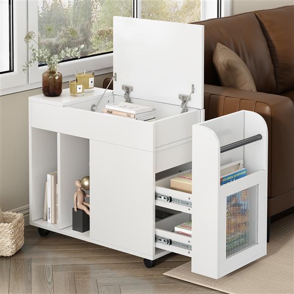 Multifunctional End Table with Wheels, Side Table with Tempered glass door, 2 Storage Shelves, 2 Drawers for Living Room, White