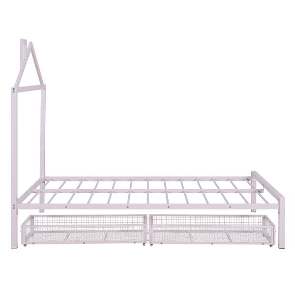 Full Size Metal Platform Bed with two drawers,House-Shaped Headboard Design, Pink