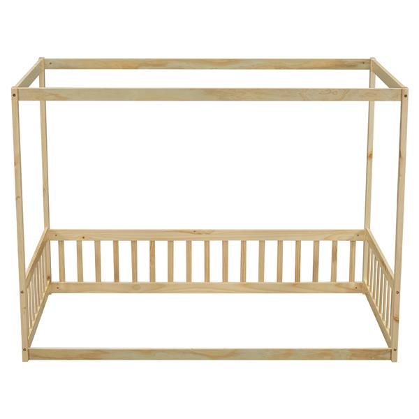 Twin Size Canopy Frame Floor Bed with Fence, Guardrails,Natural