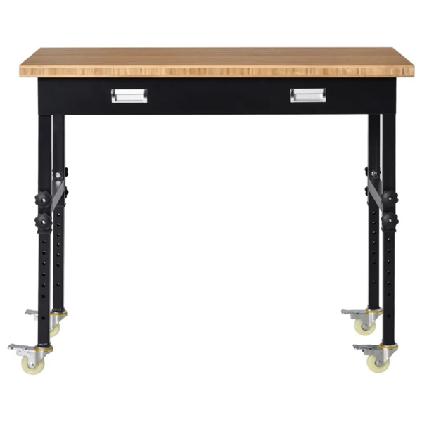 47" Garage Work Bench with Drawer and Wheels, Height Adjustable Legs, Bamboo Tabletop Workstation Tool Table