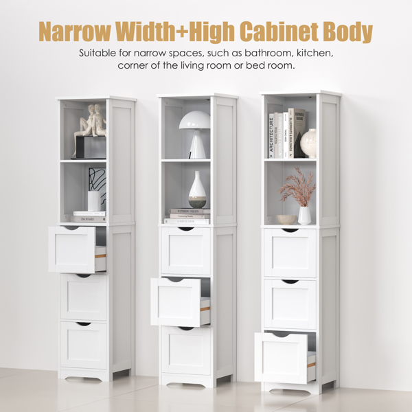 Bathroom Tall Storage Cabinet, Slim Free Standing Cabinet with 3 Drawers and 2 Shelves,Floor Cabinet for Small Space, 11.8" D x 12.6" W x 57.5" H, White 