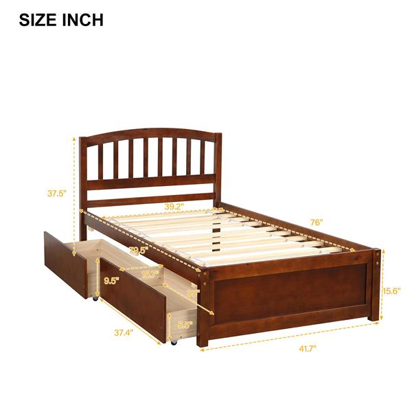 Twin Platform Storage Bed Wood Bed Frame with Two Drawers and Headboard, Walnut