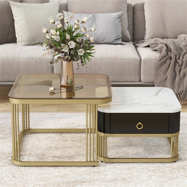 Nesting Coffee Table with Drawer, Set of 2, Exquisite Square Stacking Coffee Tables with Brown Tempered Glass, Side Table with High Gloss Marble Grain Tabletop for Living Room, Black