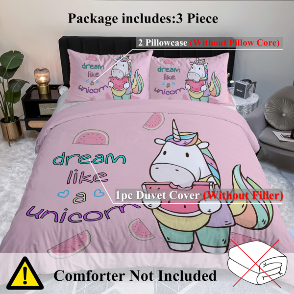 3 Pieces Unicorn Watermelon Duvet Cover Set for Comforter Bedding Queen Size Pink