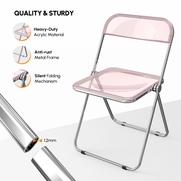 2pcs Foldable Patio Plastic Folding Chairs Pink Transparent