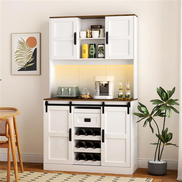 Farmhouse Bar Cabinet with Sliding Barn Door, Large Kitchen BuffetRustic Coffee Bar Sideboard Table