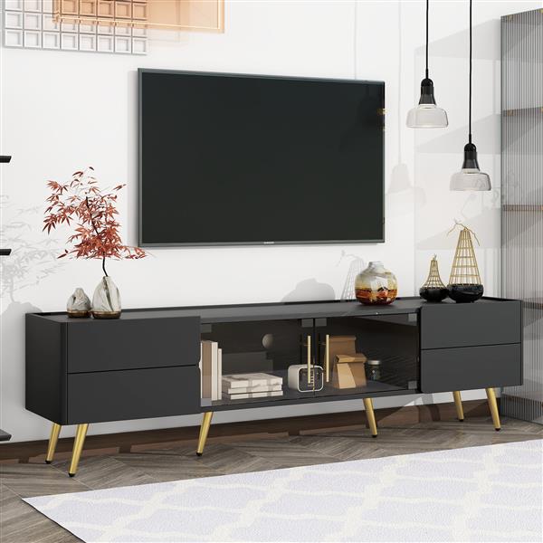 Modern TV Stand with LED lights for TVs up to 80 Inches, Entertainment Center with 4 Drawers and 1 Cabinet with Brown Glass Door, Media Console with Metal Legs and Handles for Living room