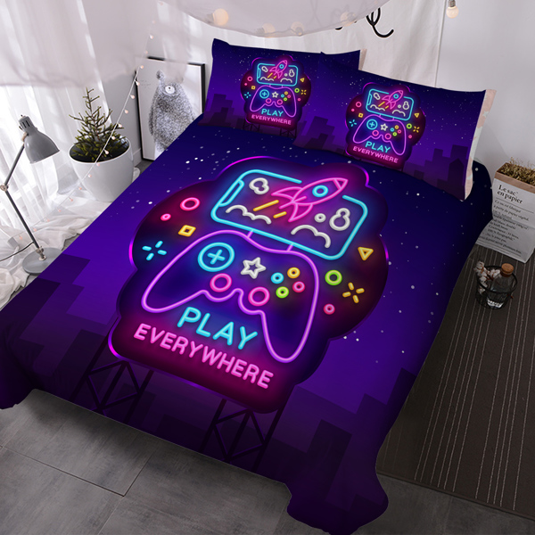 3Pcs Trippy Neon Gamepad Duvet Cover Set Twin for Gamer Soft Bedding Set