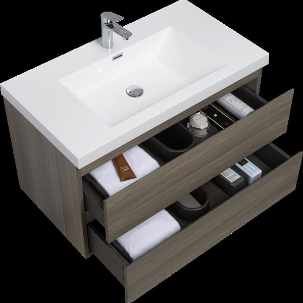 36" Floating Bathroom Vanity with Sink, Modern Wall-Mounted Bathroom Storage Vanity Cabinet with Resin Top Basin and Soft Close Drawers, Ash Grey 24V11-36AG