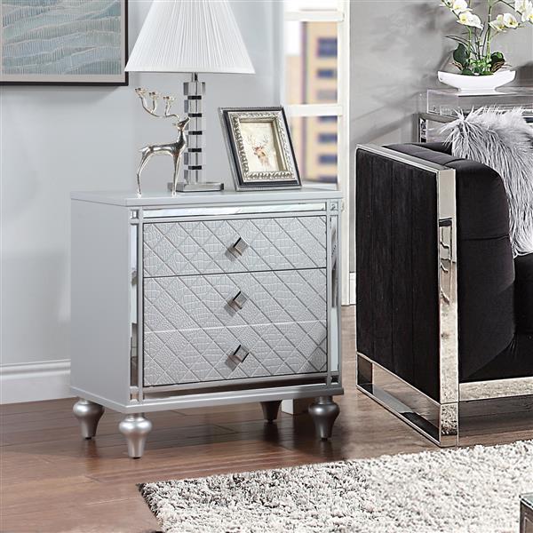 Contemporary Nightstands with mirror frame accents, Bedside Table with two drawers and one hidden drawer, End Table with Crystal Pull for Living Room,Bedroom, Silver