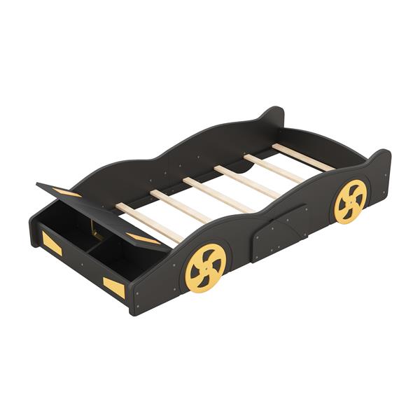 Twin Size Race Car-Shaped Platform Bed with Wheels and Storage, Black+Yellow