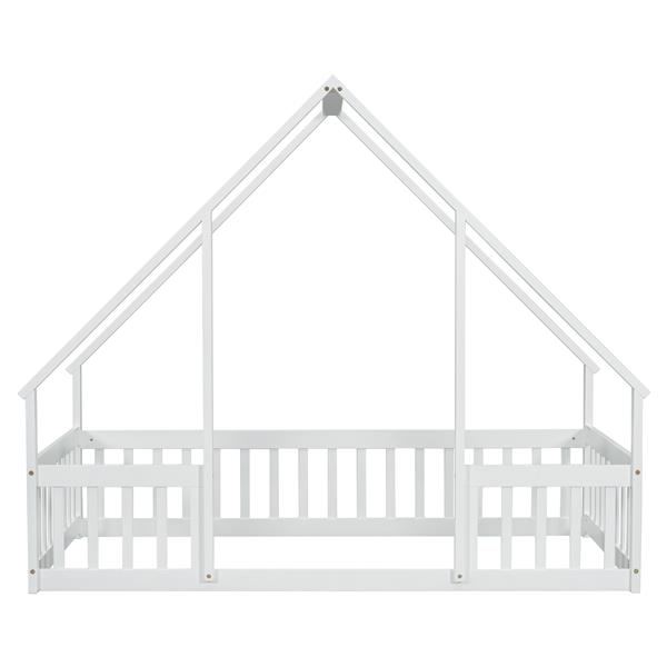 Twin Wood House-Shaped Floor Bed with Fence, Guardrails ,White