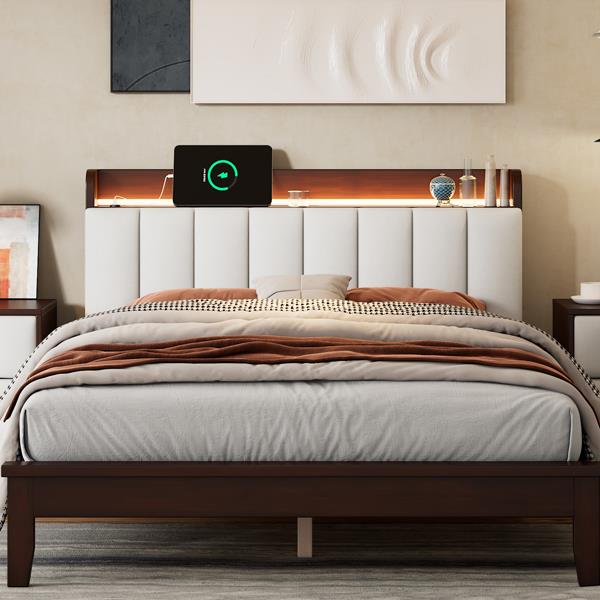 Full size Platform Bed with USB Charging Station and Storage Upholstered Headboard,LED Bed Frame,No Box Spring Needed,Walnut+Beige