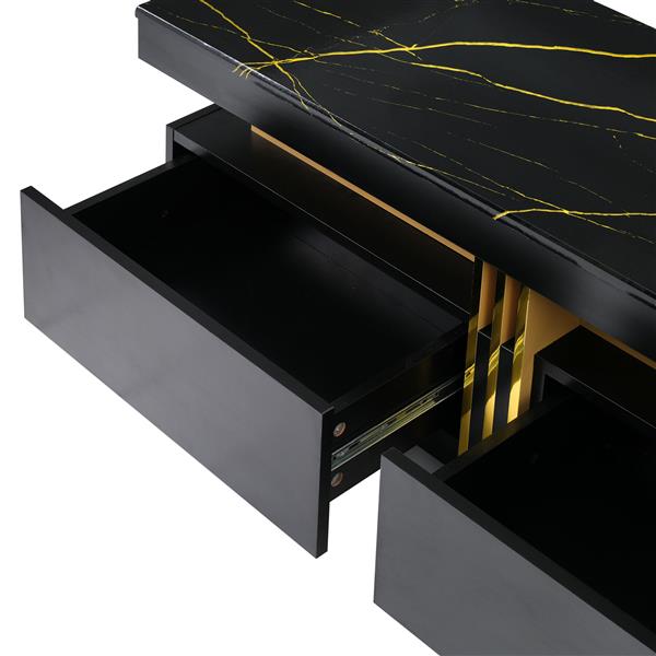 Luxury TV Stand with High Gloss Faux Marble Top for TVs Up to 78'', Rectangle Media Console with Golden Panel Design, Practical Entertainment Center with 3 Drawers for Living Room, Black