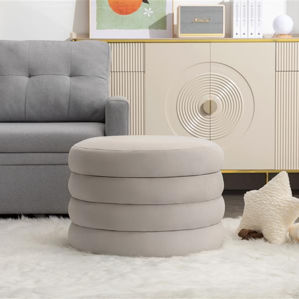 007-Velvet Fabric Storage Round Ottoman Footstool With Wooden Shelving,Light Gray