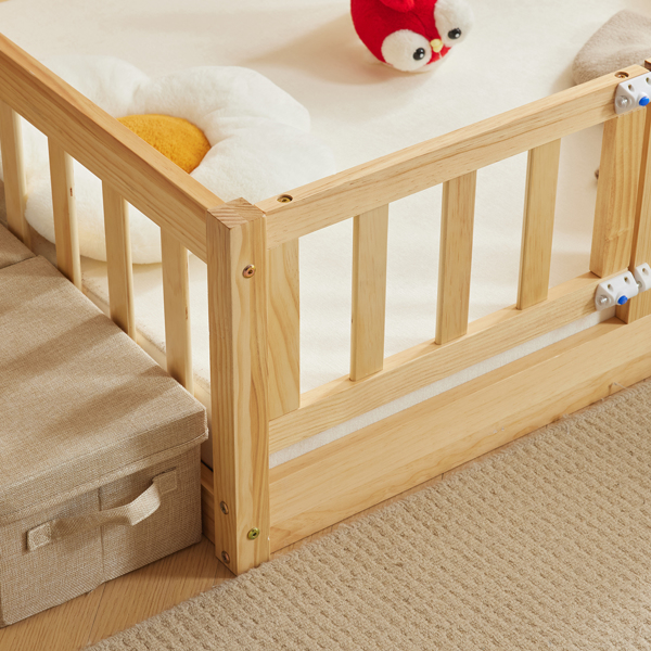 Fence bed with door and decking, natural wood color, painted surface, pine wood, full children's bed