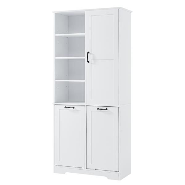 Bathroom Storage Cabinet with Doors and Drawers, Tilt-Out Laundry Hamper, Multiple Storage Space, Freestanding Style, Open Shelve, Adjustable Shelf, White