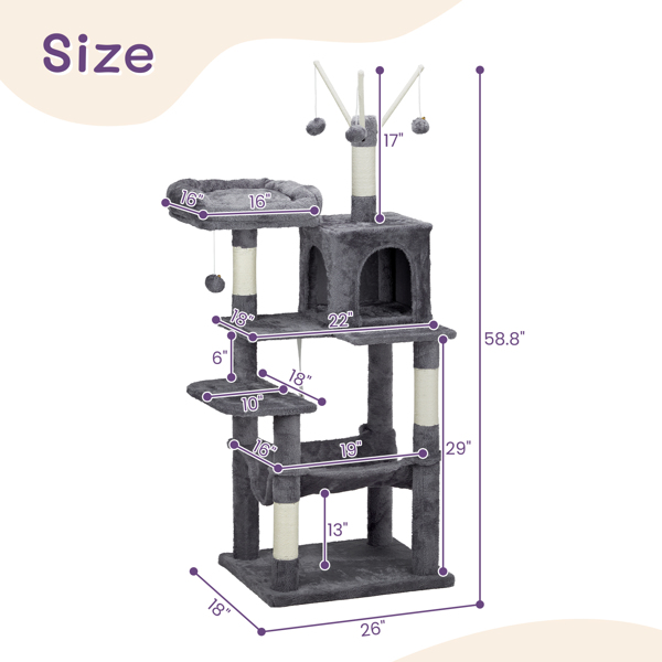 57 inch Cat Tree Cat Tower for Indoor Cats, Cat House with Padded Platform Bed, Toy Balls, Large Cozy Condo and Sisal Scratching Posts, Dark Grey