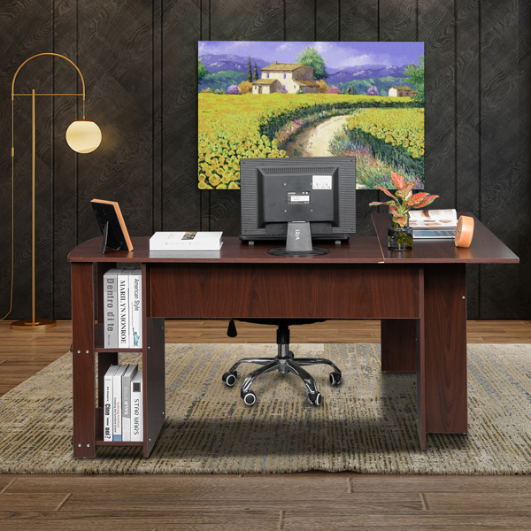 L-Shaped Wood Right-angle Computer Desk with Two-layer Bookshelves Dark Brown