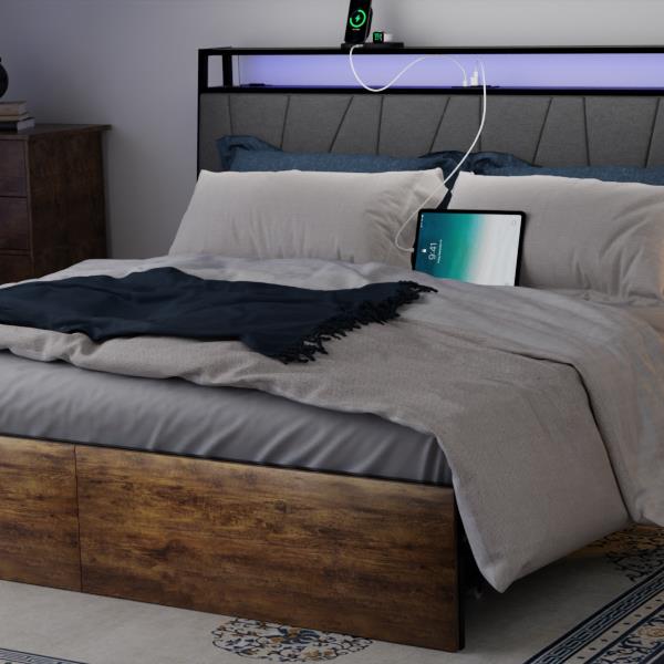 Full Bed Frame with Storage, Ergonomic Headboard,  Bed Frame with 2 Storage Drawers, Built in Charging Station & LED, Outlets & USB, Full Size, Noise Free, No Box Spring Needed, Rustic Brown