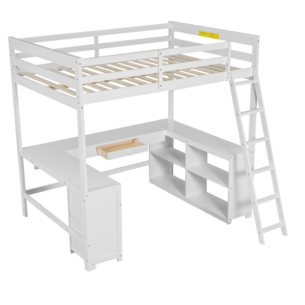 Full Size Loft Bed with U-shaped Desk, Drawers and Storage Shelves, White