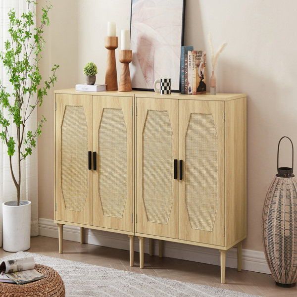 Kitchen storage cabinets with rattan decorative doors, buffets, wine cabinets, dining rooms, hallways, cabinet console tables, Natural, 31.5''W X 15.8''D X 34.6"H.