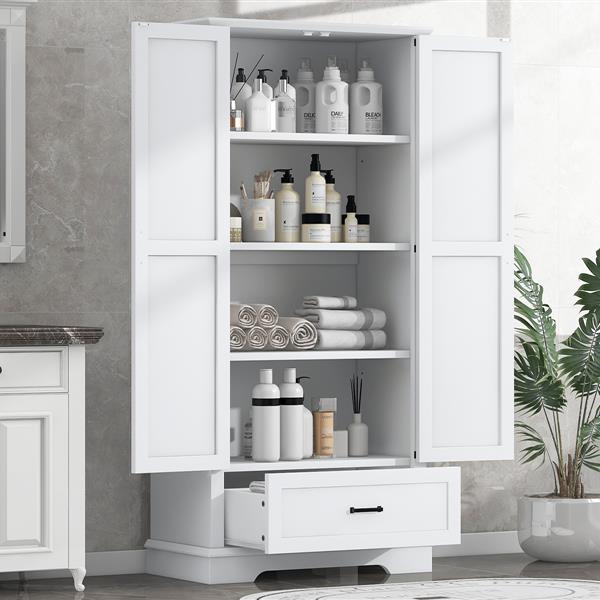 Tall Bathroom Storage Cabinet, Cabinet with Two Doors and One Drawer, Adjustable Shelf, MDF Board, White