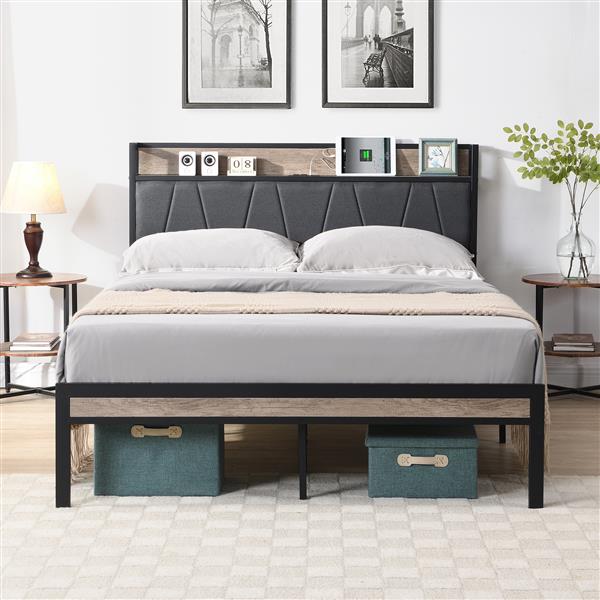 Queen  Size  Metal Platform Bed Frame with upholstery storage function Headboard   and USB LINER  and Footboard  , No Box Spring Needed, Large Under Bed Storage, Easy Assemble