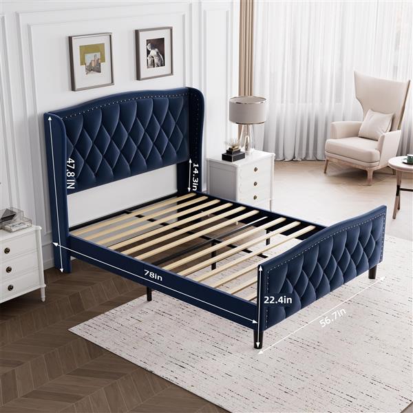 Full Size Bed Frame, Modern Upholstered Platform Bed with Wingback Headboard, Velvet Bed Frame with Wood Slat Support, Easy Assembly, No Box Spring Needed(Blue, Full)