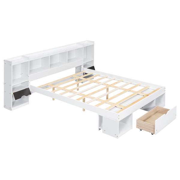 Queen Size Wood Platform Bed with Multi-storage Headboard and a Drawer, White(Expected Arrival Time: 6.16)