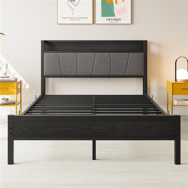 Full Size Bed Frame, Storage Headboard with Charging Station, Solid and Stable, Noise Free, No Box Spring Needed, Easy Assembly