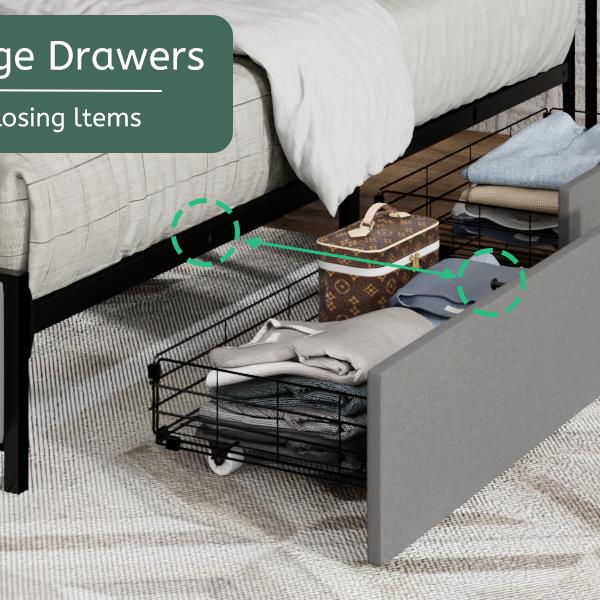 Full Size Bed Frame with 4 Storage Drawers and 2 USB Ports, Upholstered Platform Bed Frame with Storage Headboard Charging Station and metal Slat Support, No Box Spring Needed, Dark Grey.