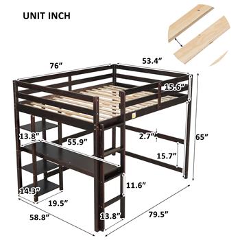 Full Loft Bed with Desk and Shelves,Espresso