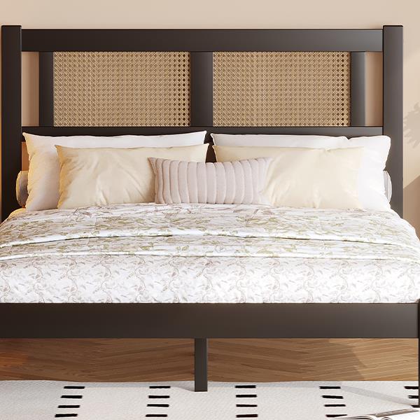 Full Size Wooden Platform Bed with Natural Rattan Headboard, Exquisite Elegance with Minimalist Charm for Bedroom, Black