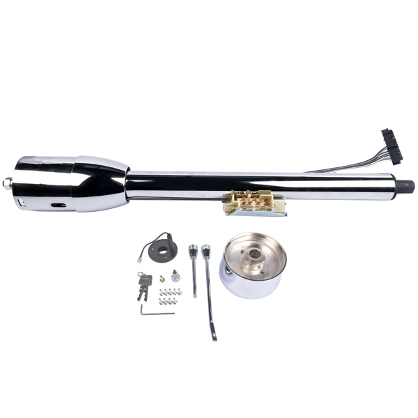 Chrome 28" Tilt Street Rod Floor Shift Steering Column with Key, 9-Hole Adapter