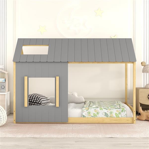 Twin Size House Bed with Roof and Window - Gray+Natural