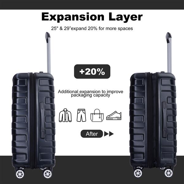 3 Piece Luggage Sets PC Lightweight & Durable Expandable Suitcase with Two Hooks, Double Spinner Wheels, TSA Lock, (21/25/29) Black