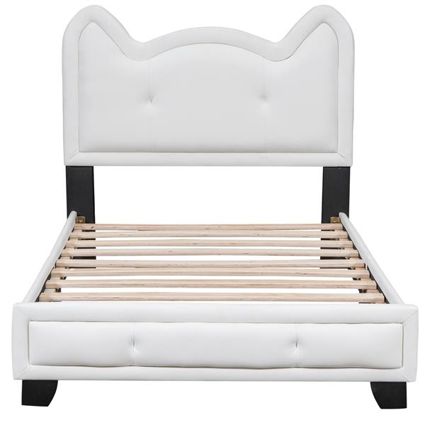 Twin Size Upholstered Platform Bed with Carton Ears Shaped Headboard, White